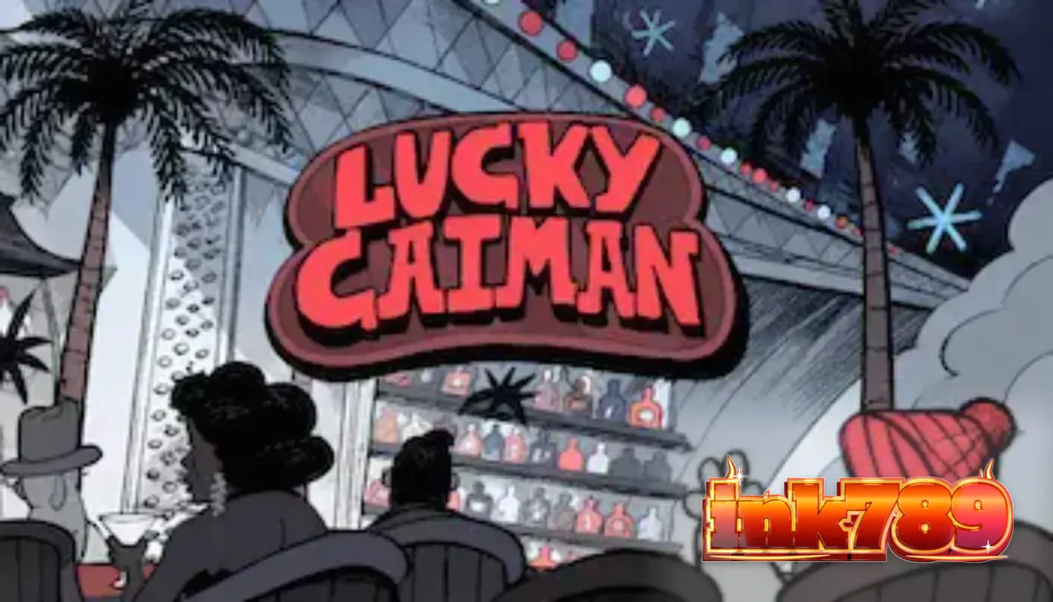 Tampilan visual slot Lucky Caiman dengan tema lounge noir dan karakter buaya.