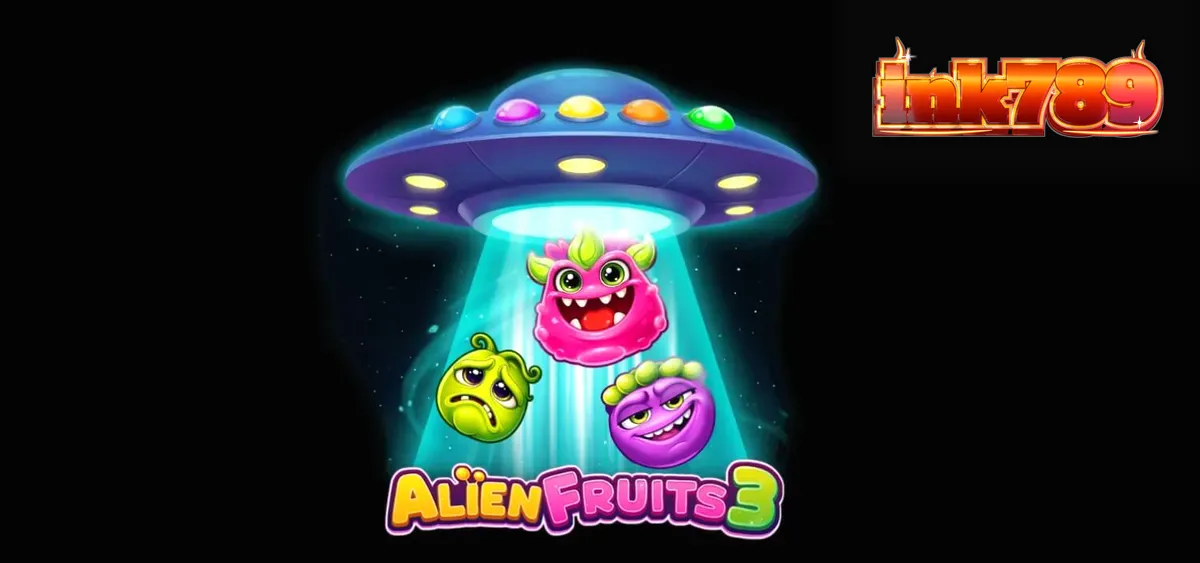 Tampilan visual permainan slot Alien Fruits 3 dengan tema luar angkasa dan buah-buahan neon.